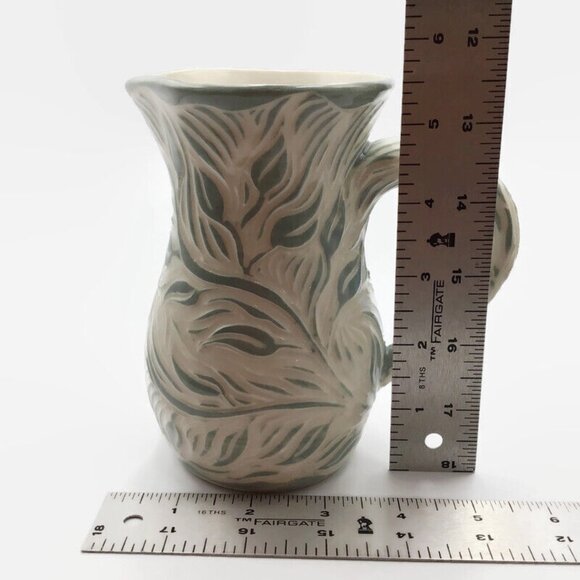 6" Pottery Pitcher Signed Paula Barry Studio Green White Creamer Leaf Design - Picture 8 of 9